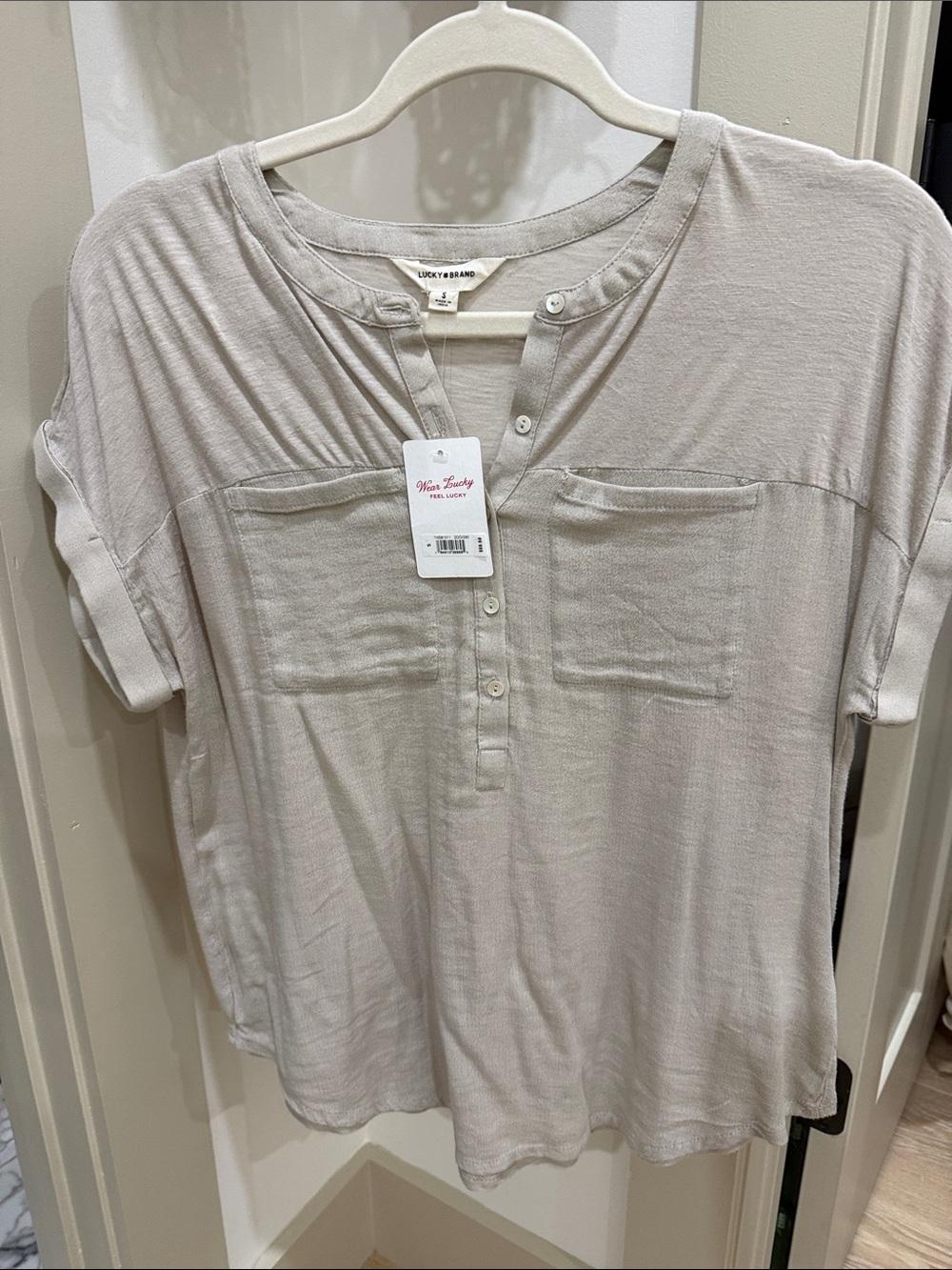 Lucky Brand Pale Taupe Short Sleeve Henley Pocket Tee